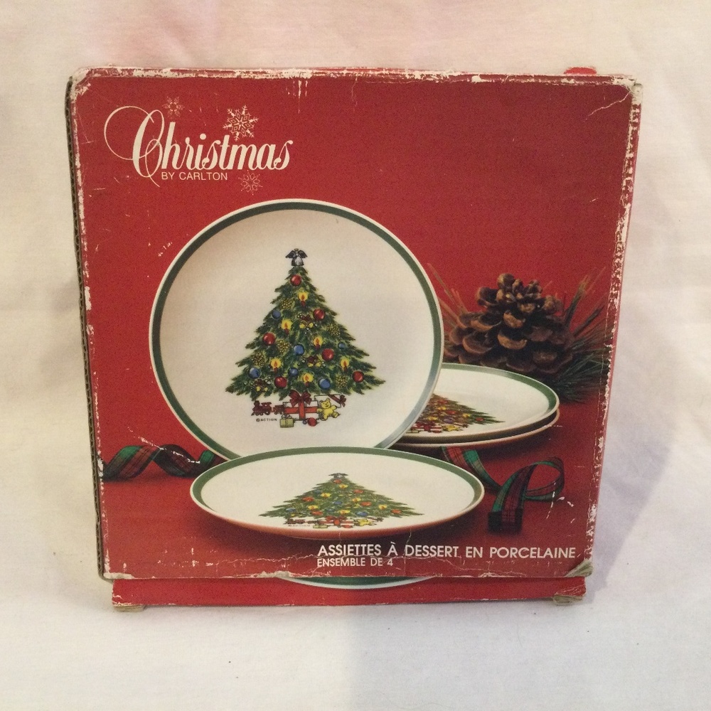 Vintage 1986 Christmas by Carlton Porcelain Cake Snack Plates Set 4 - NEW IN BOX